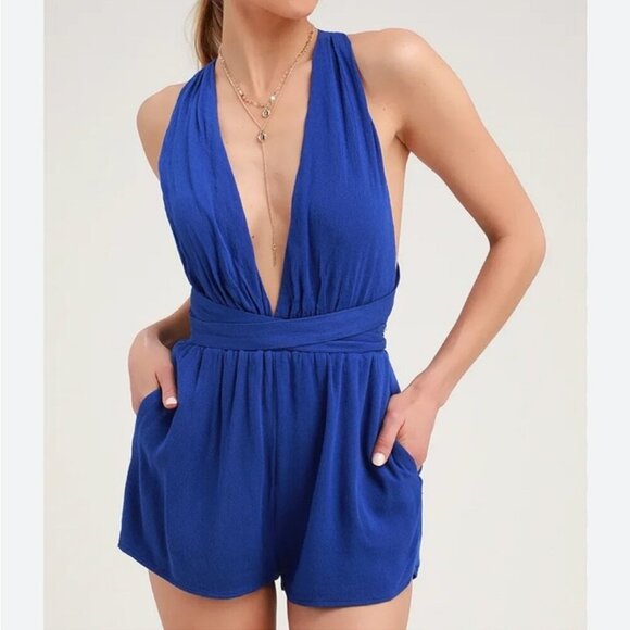 Lulus Royal Blue Sleeveless Backless Wrap Tie Halter Romper Women’s Size XS - Picture 1 of 7